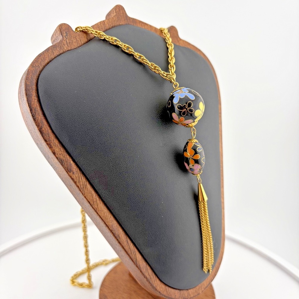 Vintage Cloisonne Enamel Floral Bead Tassel Necklace Long Gold Tone Chain‎ 26" - Picture 8 of 10